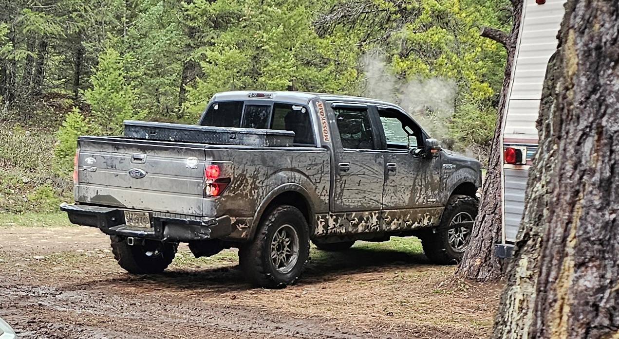 Photograph taken of suspects Ford F-150 truck, grey in colour, with damage and front licence plate of SM9740