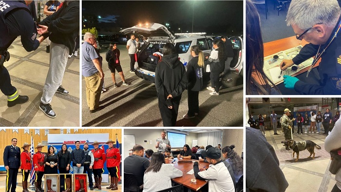 Collage of photos from the 2023 Citizen and Youth Academy, showing a mock arrest, participants checking out a police car, a forensics lesson, the Academy graduation, participants seated at tables for a lesson, and a police dog demonstration. 