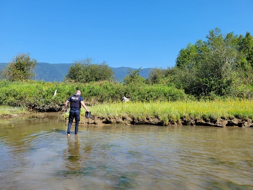 Constable Schmidt walking through the muddy water carrying his work boots in one hand and wearing a life jacket to investigate the solar panel.